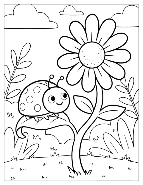 En marihøne klatrer oppover stilken på en blomst.