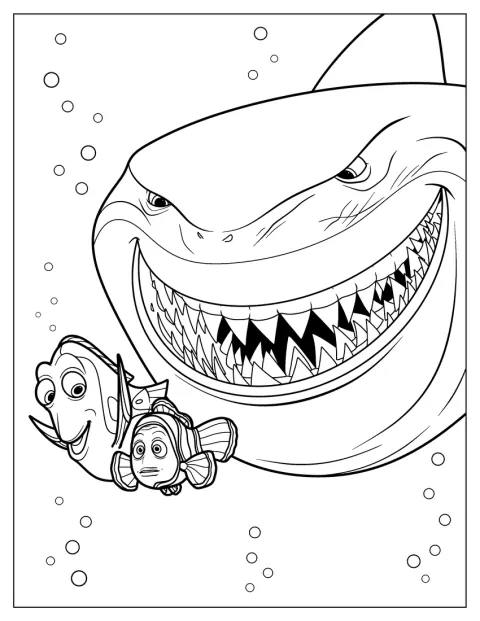 Bruce le requin suit Dory et Marin dans l’océan.