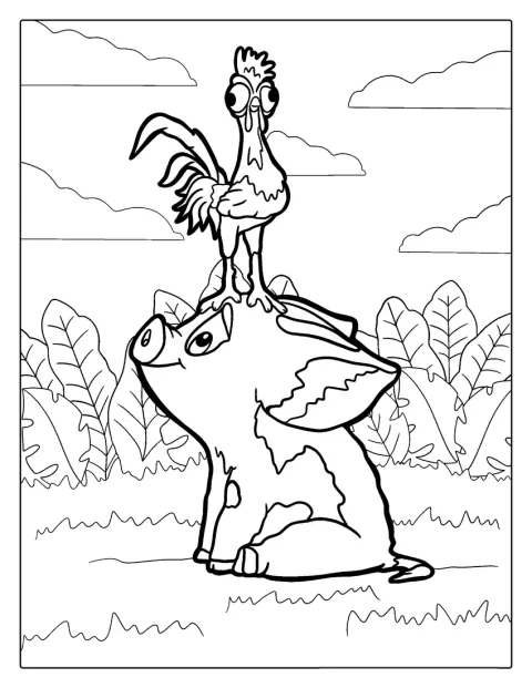 Kuře Heihei stojí vedle prasátka Puy.