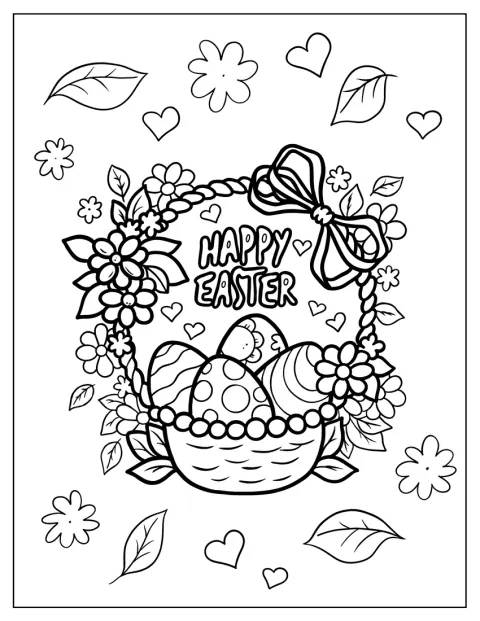 Easter Coloring Page Of Floral Happy Easter Basket With Eggs