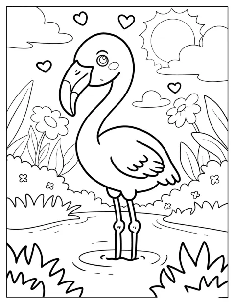 Ein Flamingo steht zwischen Herzen an einem Gartenteich.