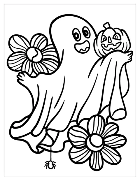 Um fantasma coberto por uma manta dança entre flores e abóboras de Halloween.