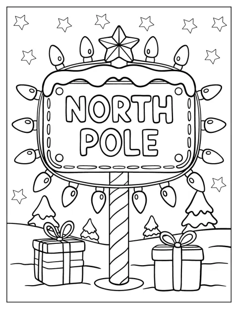 Un panneau indiquant le pôle Nord est entouré de guirlandes lumineuses et de cadeaux.