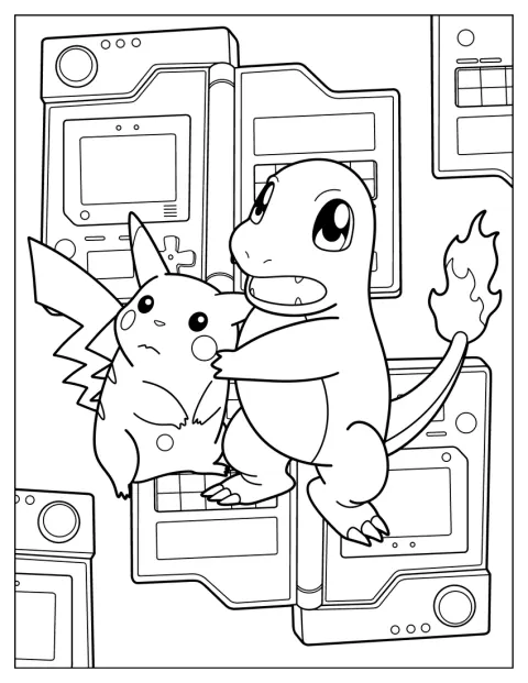 Salamèche se place devant Pikachu pour le protéger.