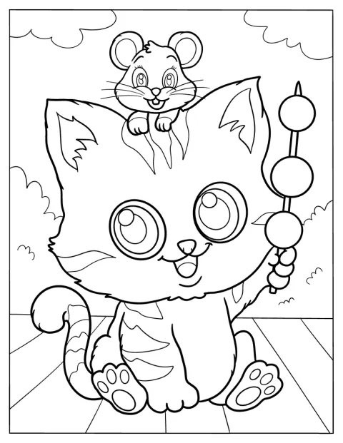 Un topolino siede sulla testa di un gatto mentre lui mangia dolcetti ripieni.