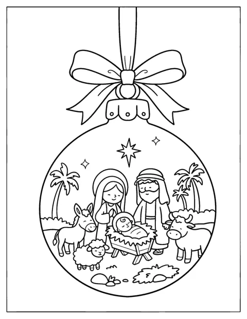 Eine Weihnachtskugel zeigt Maria, Josef und das Jesuskind in der Krippe.
