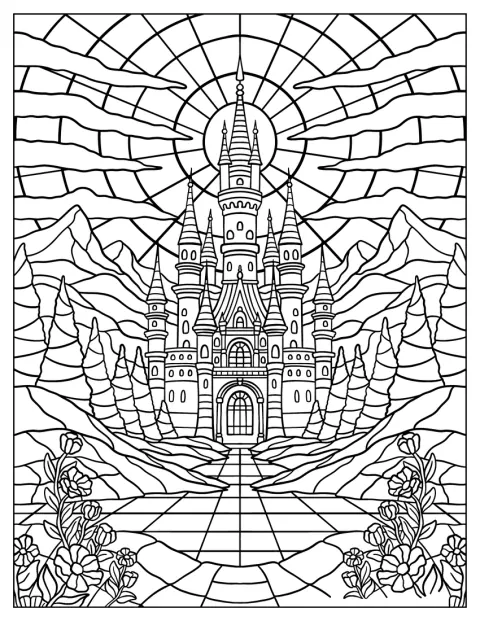 ステンドグラス風の絵に、お城と輝く太陽が描かれています。