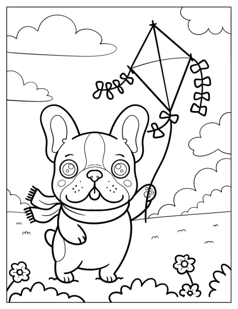 Un pequeño bulldog francés corre por el parque mientras vuela una cometa.