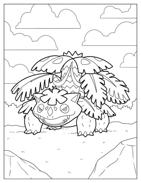 Mega Venusaur seisoo puiden ympäröimänä metsässä.