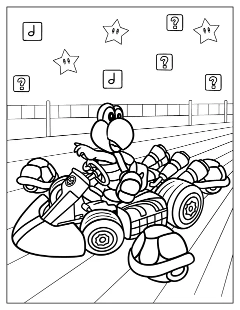 Koopa Troopa prowadzi gokart po torze.