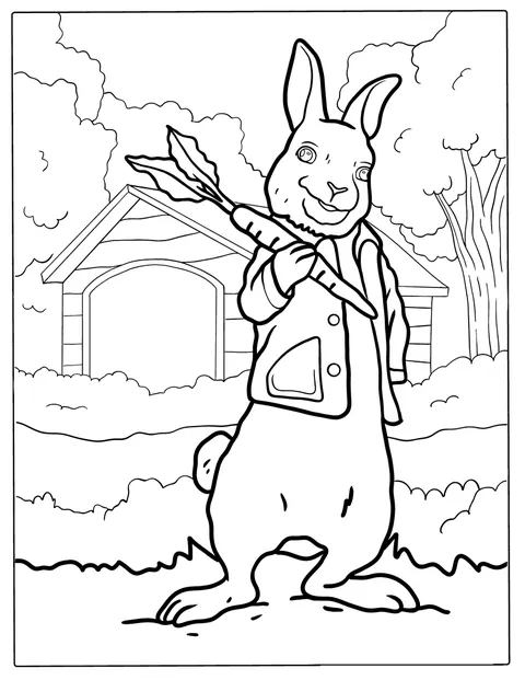 Peter Rabbit hält eine Karotte in den Pfoten.