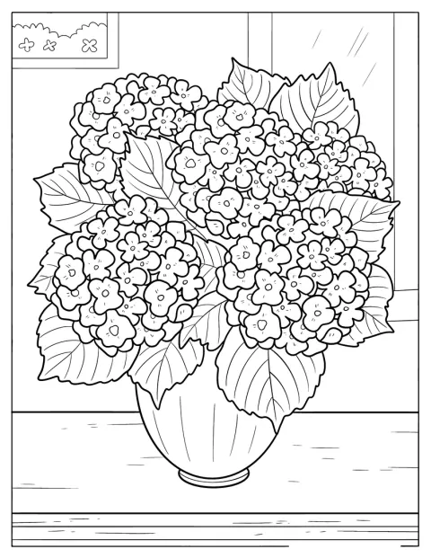 Un vase élégant accueille des hortensias et leurs feuilles.