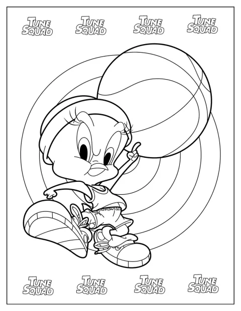 Tweety segura uma bola de basquetebol, com um sorriso, num desenho simples.