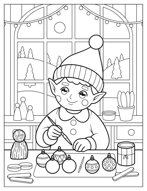 Un duende decora adornos navideños en el interior de una casa.