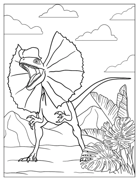 Un dilofosaur din Jurassic Park este reprezentat în picioare.