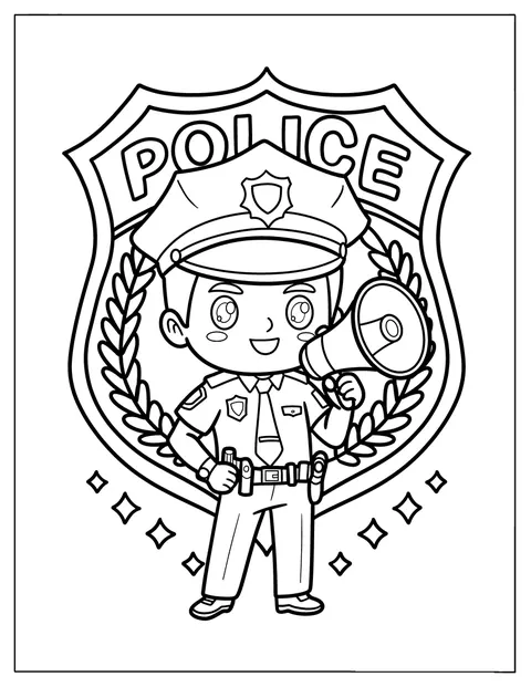 Un poliziotto in stile chibi posa davanti a un emblema delle forze dell’ordine.
