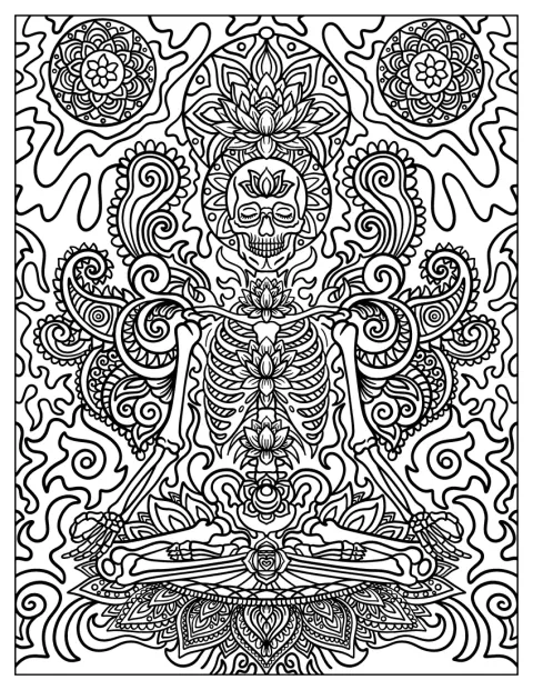 Uno scheletro medita circondato da mandala di fiori.