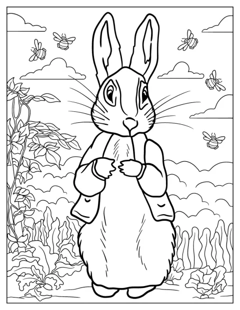 Peter Rabbit pasea entre las plantas de un jardín.