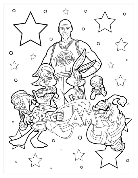 Michael Jordan, Bugs Bunny, Lola Bunny, Tasmanian Devil, Daffy Duck, Tweety og Elmer Fudd står sammen.