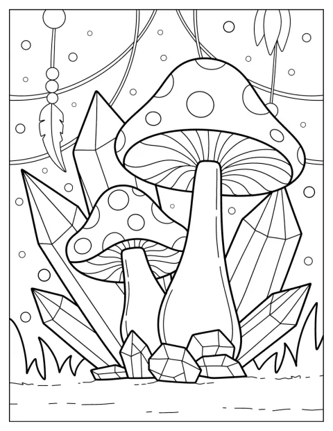 Kristallen vormen zich rondom grote paddenstoelen.