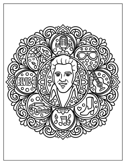 Le portrait d’Elvis s’inscrit dans un mandala de fleurs et d’éléments musicaux.