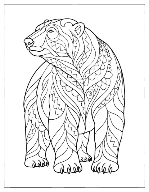 Un urs polar este împodobit cu modele elegante și detaliate de mandala.