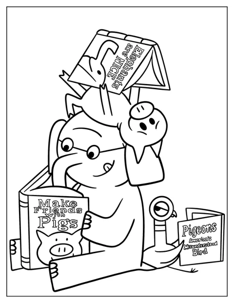 Eine Taube, Gerald und Piggie lesen Bücher über sich selbst.