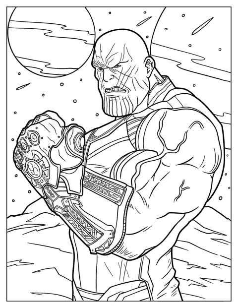 Thanos lleva el guantelete del Infinito mientras flota entre las estrellas.