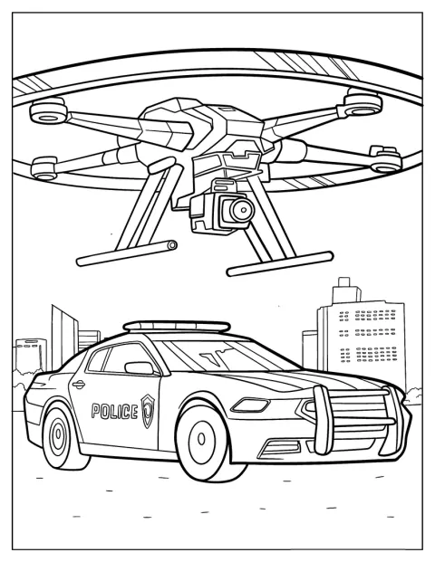 En helikopter hovrar över en polisbil på marken.
