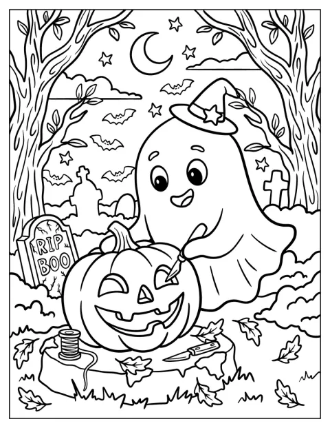 Un fantôme creuse une citrouille pour en faire une lanterne d’Halloween.