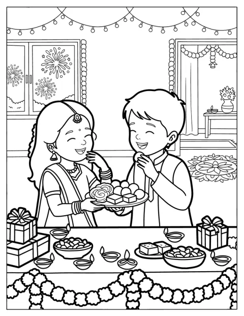 Children Sharing Diwali Coloring Page Sweets at Home for Kids
