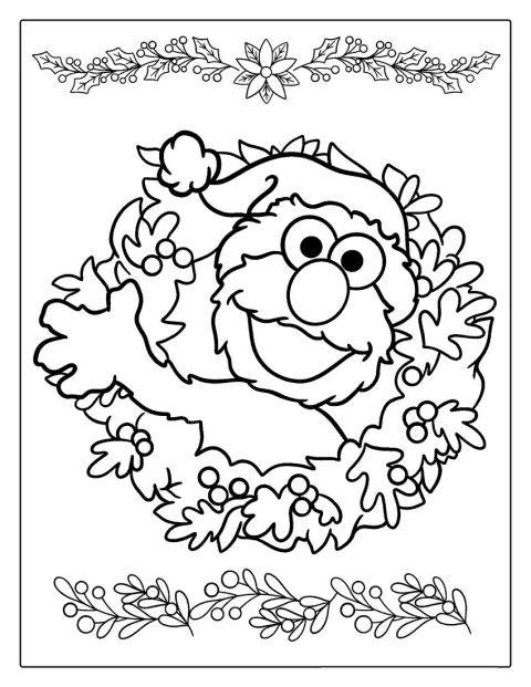 Elmo steht neben einem festlichen Weihnachtskranz.