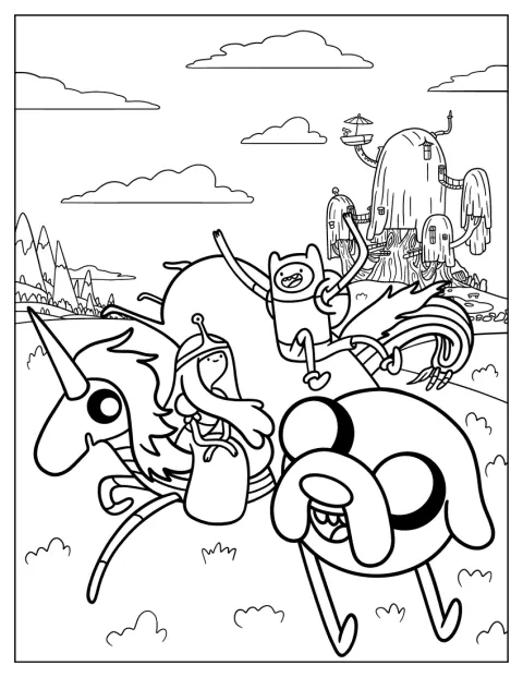 Princesa Jujuba monta Lady Unicorn enquanto Finn cavalga Jake.