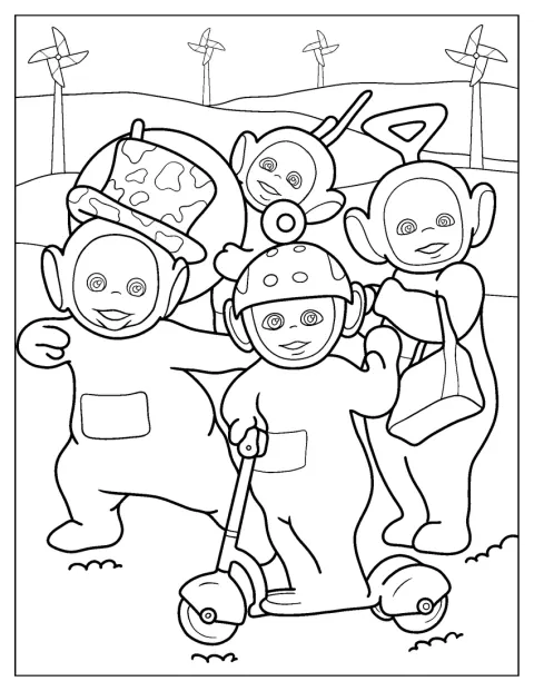 Dipsy, Laa Laa, Tinky Winky und Po stehen mit einem Roller, einer Tasche und einem Hut.