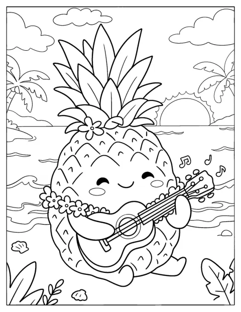 Een schattige ananas speelt gitaar op een tropisch strand.