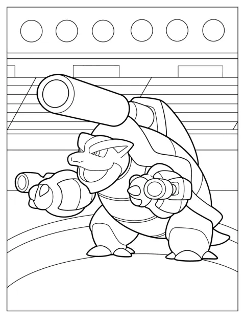 Nell’arena di battaglia, Mega Y Blastoise si prepara allo scontro.