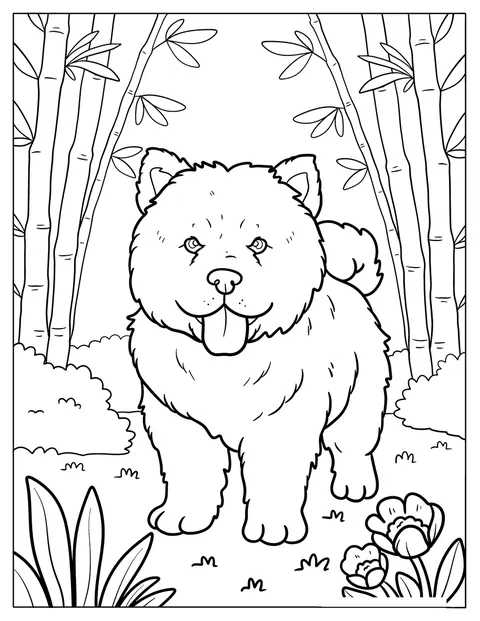 En søt, fluffete chow chow-valp sitter blant bambustrær.