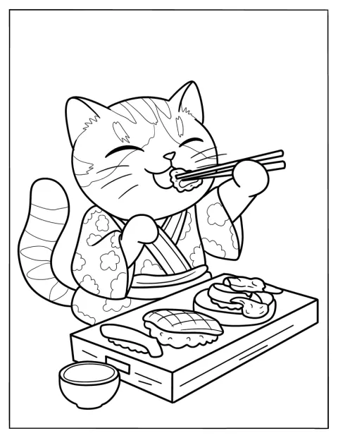Un chat gourmand savoure des sushis.