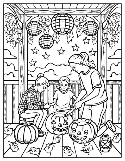 Family Carving Pumpkins on the Porch Fall Coloring Sheet