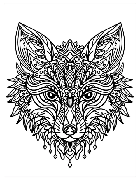 Ein Wolfskopf blickt aus der Mitte eines Mandalas.