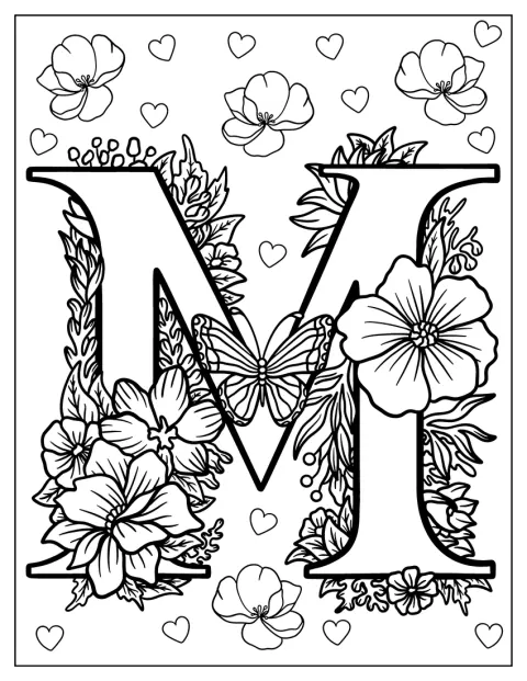 Uma letra M maiúscula e elegante está ornamentada com flores.