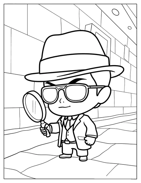 Un detective chibi esamina un indizio con la lente su una strada cittadina.
