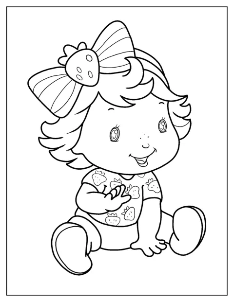 Als Baby sitzt Emily Erdbeer fröhlich da.