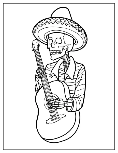 Et skelet med sombrero spiller på guitar.