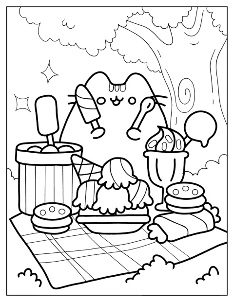 Pusheenin ympärillä on runsaasti herkullista ruokaa.