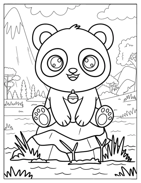 Egy aranyos panda ül egy sziklán, nyakában csengős nyakörvvel.