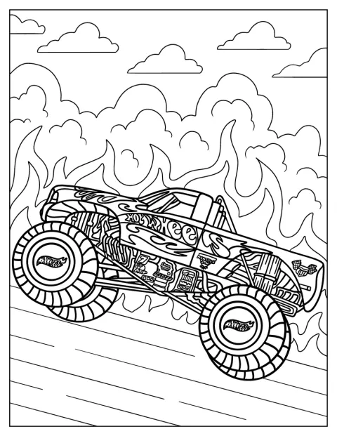 Een gedetailleerde Hot Wheels-monstertruck rijdt over een ruig parcours.