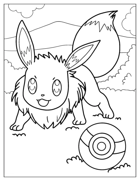 Eevee se objevuje z otevřeného Poké Ballu.