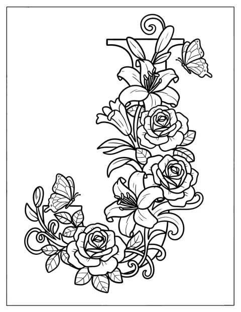 Blomster dekker den elegante bokstaven J.