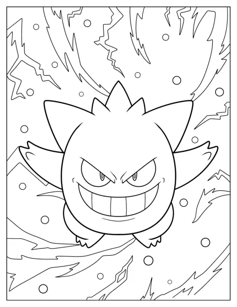 Gengar grijnst gemeen terwijl hij recht vooruit kijkt.